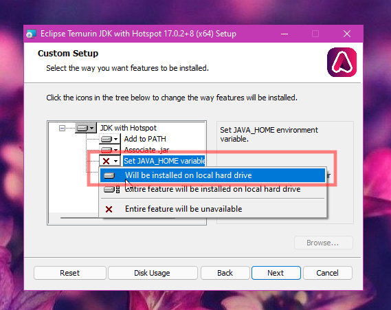 Screenshot of OpenJDK installer with JAVA_HOME variable setting selected